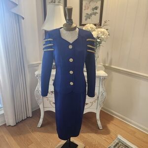 Ashbro Royal Blue Glam Suit Ornate Gold Accents Rhinestone Dress Set 10